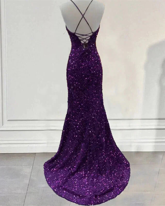 Abito da sera formale viola scuro con paillettes, modello sirena, con spacco Y7212