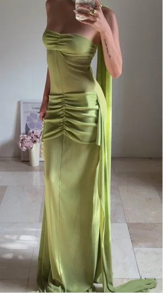 Vestido longo verde único, sem alças, franzido, para baile, vestido formal de noite Y8505