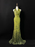 Splendido abito da sera verde smeraldo con paillettes, senza schiena, stile sirena lungo, modello Y8647