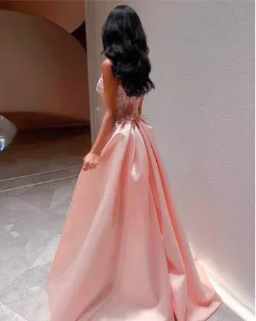 Robe de soirée formelle rose bébé en satin, bustier sans bretelles, corset d'Arabie Saoudite, paillettes scintillantes de Dubaï, robe de fête Y4887