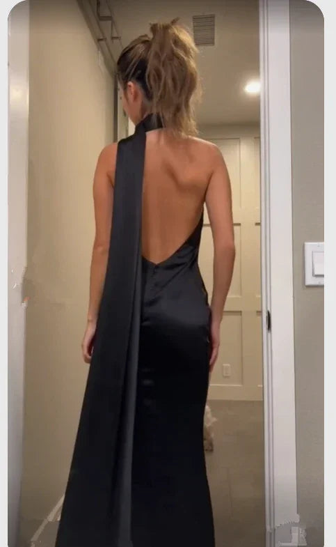 Vestido longo elegante preto, sem costas, para baile de finalistas, vestido de noite preto Y7426