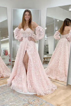 Vestido longo de baile cor-de-rosa com renda e lantejoulas, vestido de noite cor-de-rosa Y245