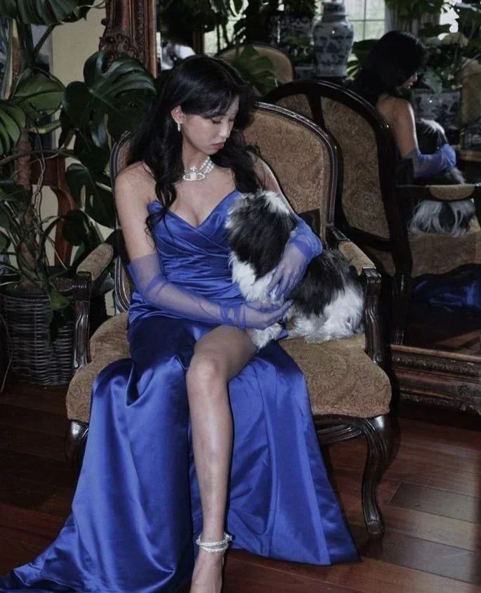 Vestido longo de noite elegante em cetim azul, vestido de concurso Y2621