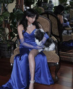 Vestido longo de noite elegante em cetim azul, vestido de concurso Y2621