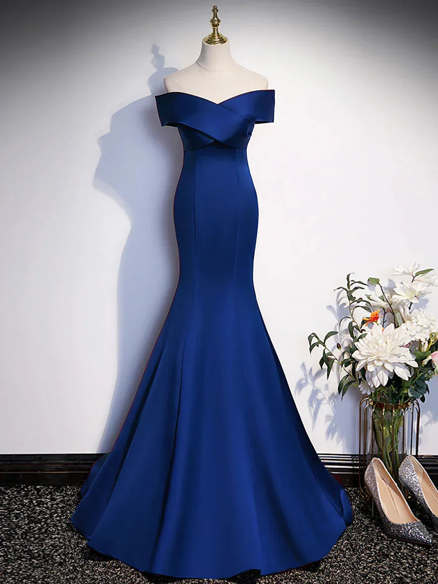 Abito lungo da sera in raso blu reale con sirena, scollo a barca, abito da ballo blu Y7429