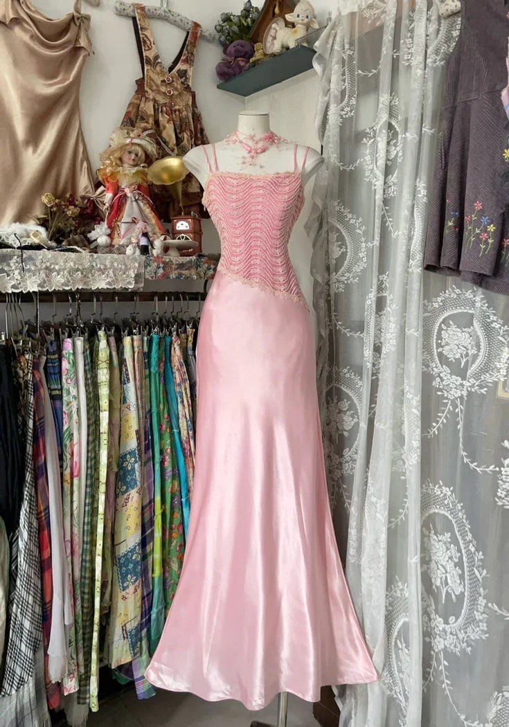 Robe de soirée sirène en satin rose chic à fines bretelles spaghetti Y8104