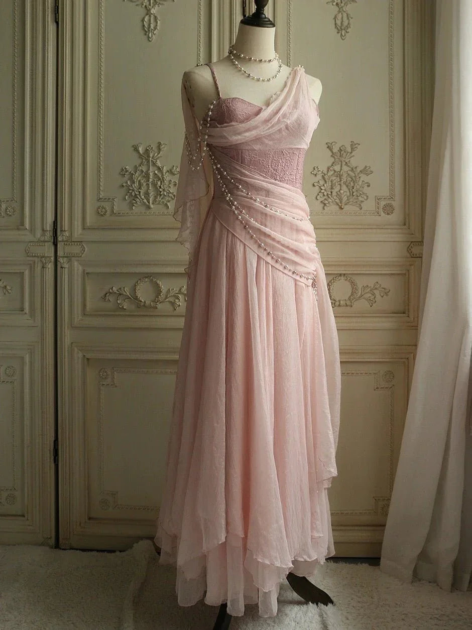 Vestido de Festa Vintage Rosa Antigo em Chiffon com Um Ombro Só, Modelo Linha A Y7791