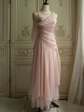 Vestido de Festa Vintage Rosa Antigo em Chiffon com Um Ombro Só, Modelo Linha A Y7791