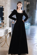 Vestido de noche negro, vestido de noche de terciopelo de alta calidad con mangas largas, hecho a medida Y2934