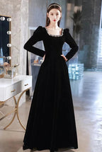 Vestido de noche negro, vestido de noche de terciopelo de alta calidad con mangas largas, hecho a medida Y2934