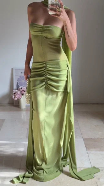Vestido longo verde único, sem alças, franzido, para baile, vestido formal de noite Y8505
