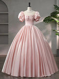 Vestido de Festa Comprido em Cetim Rosa Bonito com Decote Redondo, Corte em A, Mangas Curtas e Laço Y6082