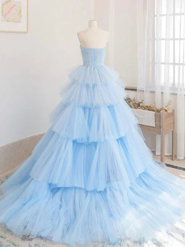 Vestido longo de baile de inverno em tule azul, vestido de noite em tule azul com camadas Y393