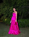 Bellissimo abito da festa senza spalline in raso a balze Rosa acceso abito da sera a linea ad A Y8003