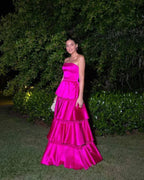 Bellissimo abito da festa senza spalline in raso a balze Rosa acceso abito da sera a linea ad A Y8003