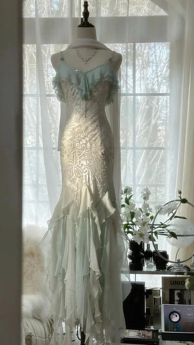 Abito da sera formale elegante verde menta temperamento sirena con spalline sottili in chiffon e perline, abito da ballo Y8546