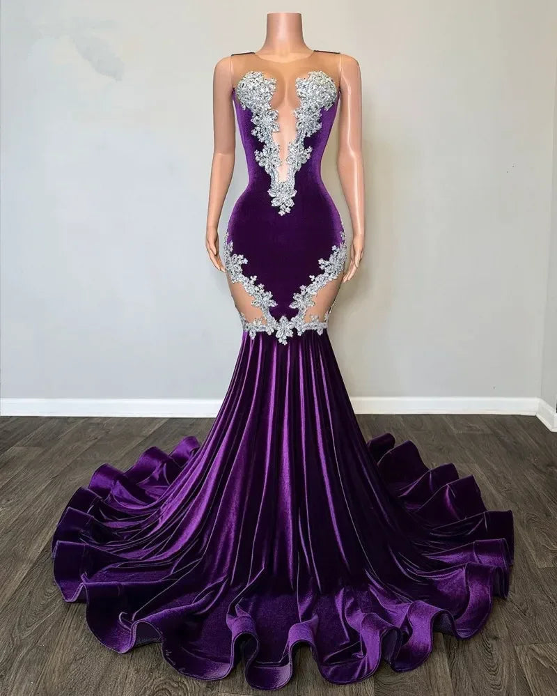Nuovo Abito da Sera Viola Sirena con Pizzo Elegante Coda di Pesce Abito da Ballo Nero per Ragazze Taglia Forte Abiti da Cerimonia per Occasioni Formali Y6581
