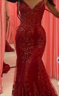 Incantevole abito da sera rosso in tulle e pizzo a sirena Y7854