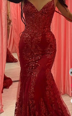 Incantevole abito da sera rosso in tulle e pizzo a sirena Y7854