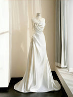 Elegante Abito da Sera Bianco Senza Spalline in Raso con Catena di Perle, Linea A, Abito da Ballo Y8684