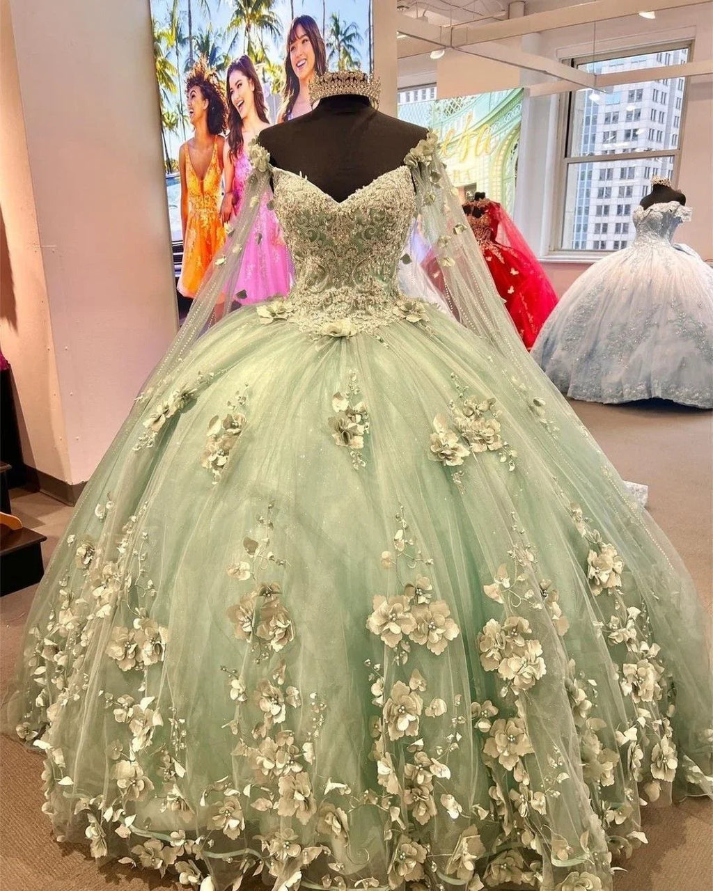 Robe boule en tulle vert menthe avec fleurs en relief, robe pour seize ans, robe de princesse, robe de quinceañera Y2252