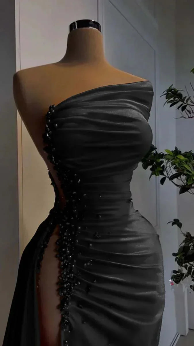 Vestido de noite vermelho com decote assimétrico, cetim, pregas e racha alta, vestido formal encantador Y379
