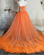 Abito da sera arancione in tulle con spalline sottili, vestito da ballo seducente Y1243