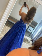 Robe longue de bal en tulle bleu à sequins, robe de soirée en tulle bleu Y3065