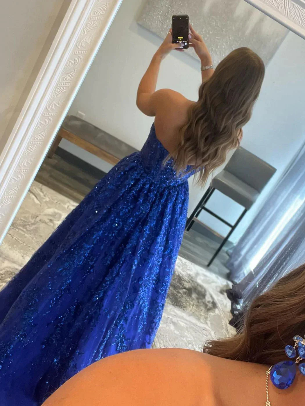 Robe longue de bal en tulle bleu à sequins, robe de soirée en tulle bleu Y3065