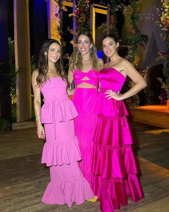 Bellissimo abito da festa senza spalline in raso a balze Rosa acceso abito da sera a linea ad A Y8003