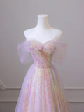 Abito lungo da sera lucido in tulle con paillettes, linea a trapezio con spalle scoperte Y1416