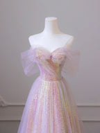 Abito lungo da sera lucido in tulle con paillettes, linea a trapezio con spalle scoperte Y1416