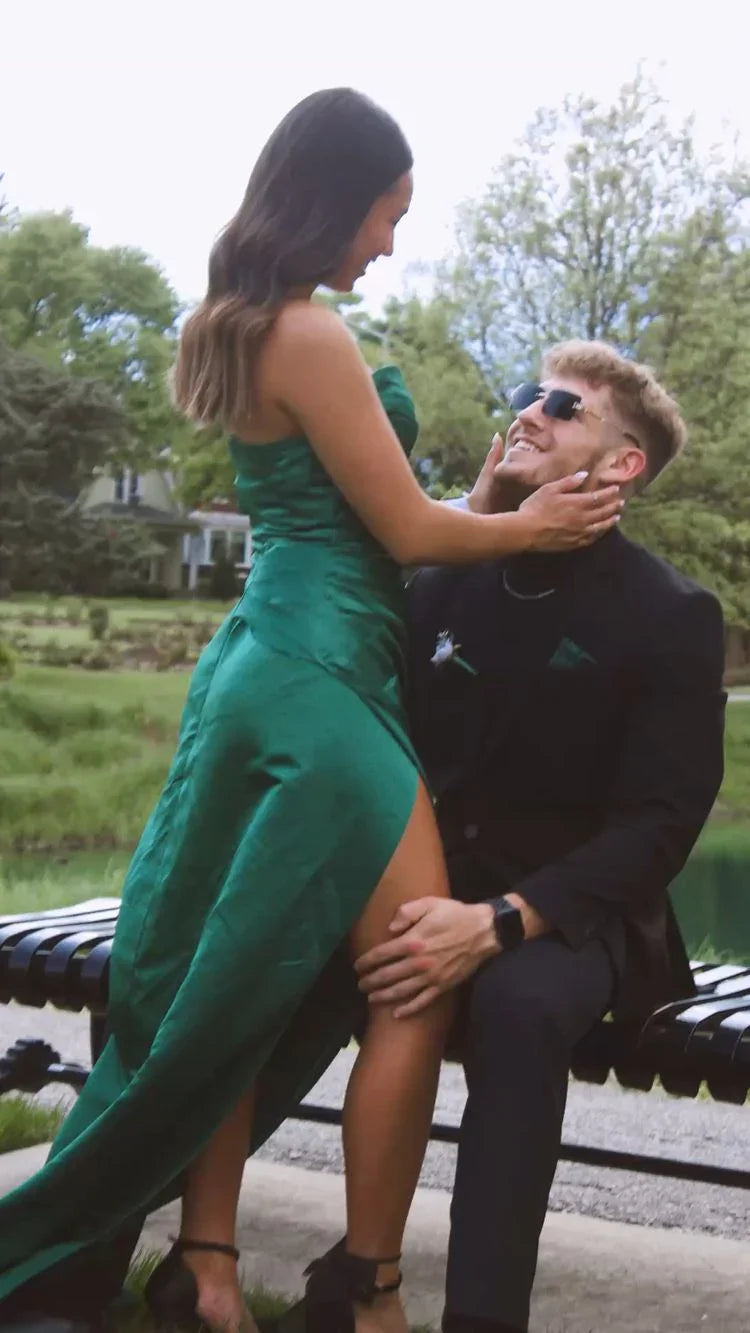 Vestido longo de cetim verde coração para baile, vestido de noite encantador Y1735
