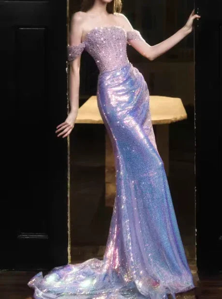 Vestido Formal de Noite Roxo com Lantejoulas e Contas, Ombros Descobertos, Estilo Sereia, Y8182