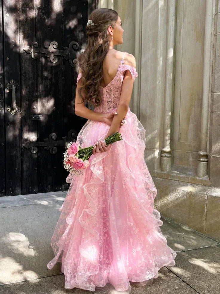 Vestido largo de fiesta rosa con hombros descubiertos, encaje esponjoso y apliques florales, vestido de noche Y7846