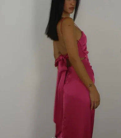 Abito lungo da sera aderente rosa acceso, senza schienale, elegante per ballo Y7894
