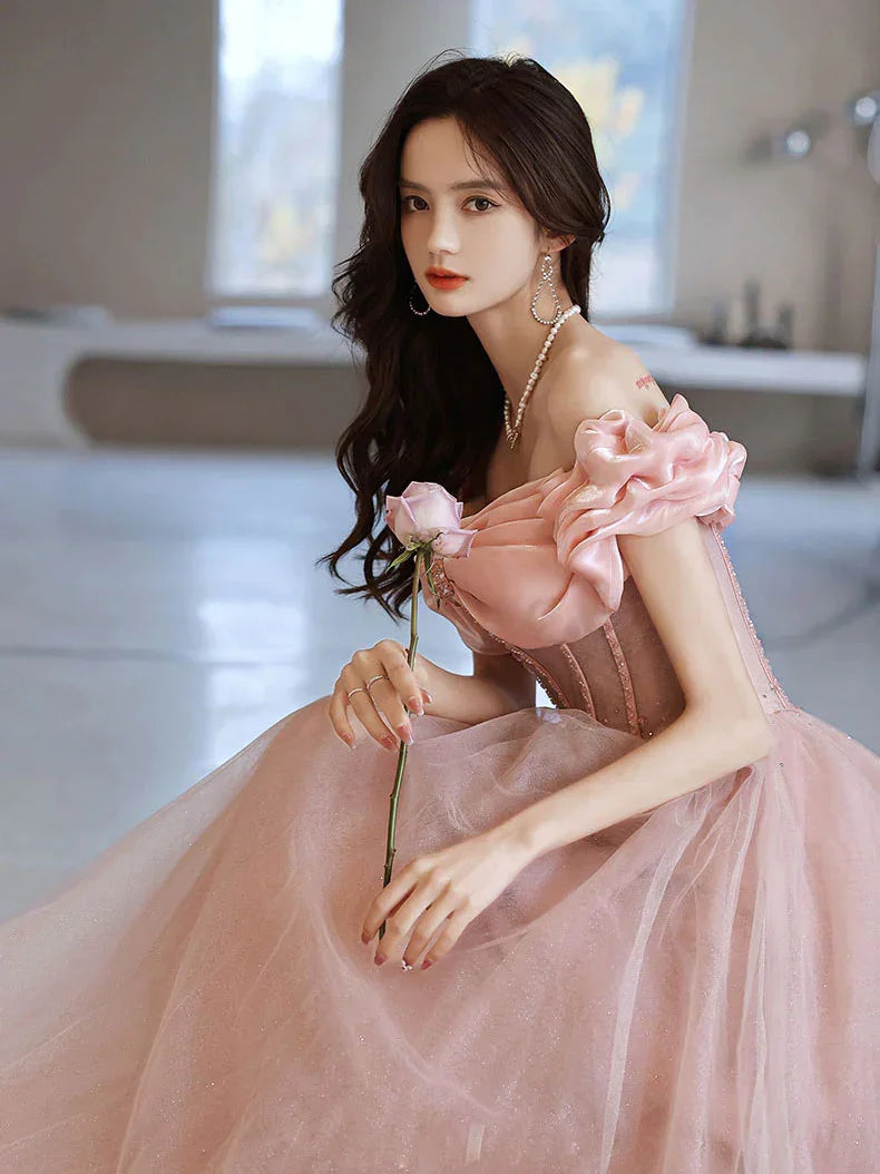 Vestido largo de fiesta rosa con cuello corazón, tul y cuentas, vestido de noche rosa, Y2406