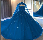 Abito da ballo con gonna ampia in tulle e pizzo, scollo a cuore, con mantella, vestito da principessa Y673