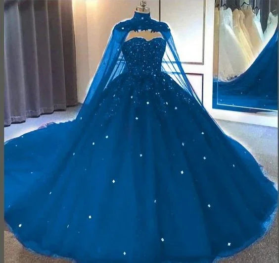 Abito da ballo con gonna ampia in tulle e pizzo, scollo a cuore, con mantella, vestito da principessa Y673