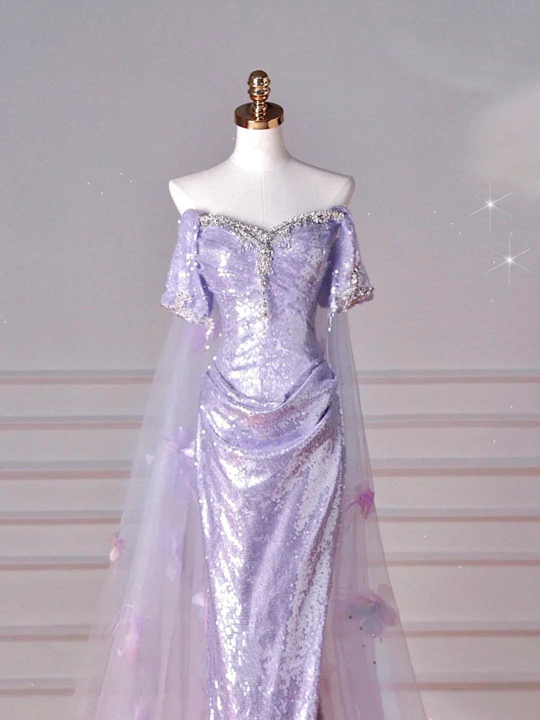 Abito da sera lilla con paillettes, tulle perline, spacco da sirena, scollo a barca, applicazioni in tulle, abito da ballo Y8632