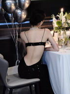 Abito da sera nero con paillettes scintillanti, vestito da sera sexy con schiena scoperta Y1124
