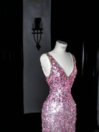 Splendido abito lungo da sera rosa con scollo a V e paillettes Y8688