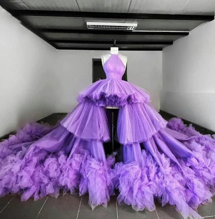 Robe de bal élégante en tulle violet à col licou, jupe courte devant et longue derrière Y5684