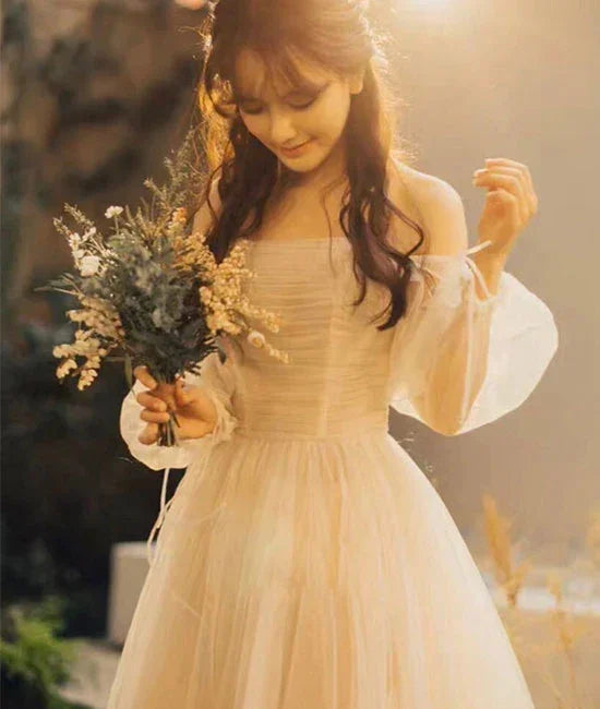 Vestido longo de baile em tule champanhe, vestido de noite em tule champanhe Y257