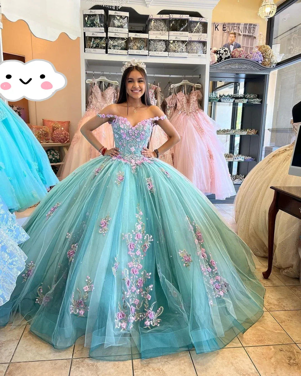 See Blaue Prinzessin Ballkleid 3D Blumen Quinceañera Kleider Schulterfrei Applikationen Perlenbesetztes Maxikleid Süßes 16 Kleid Y2632