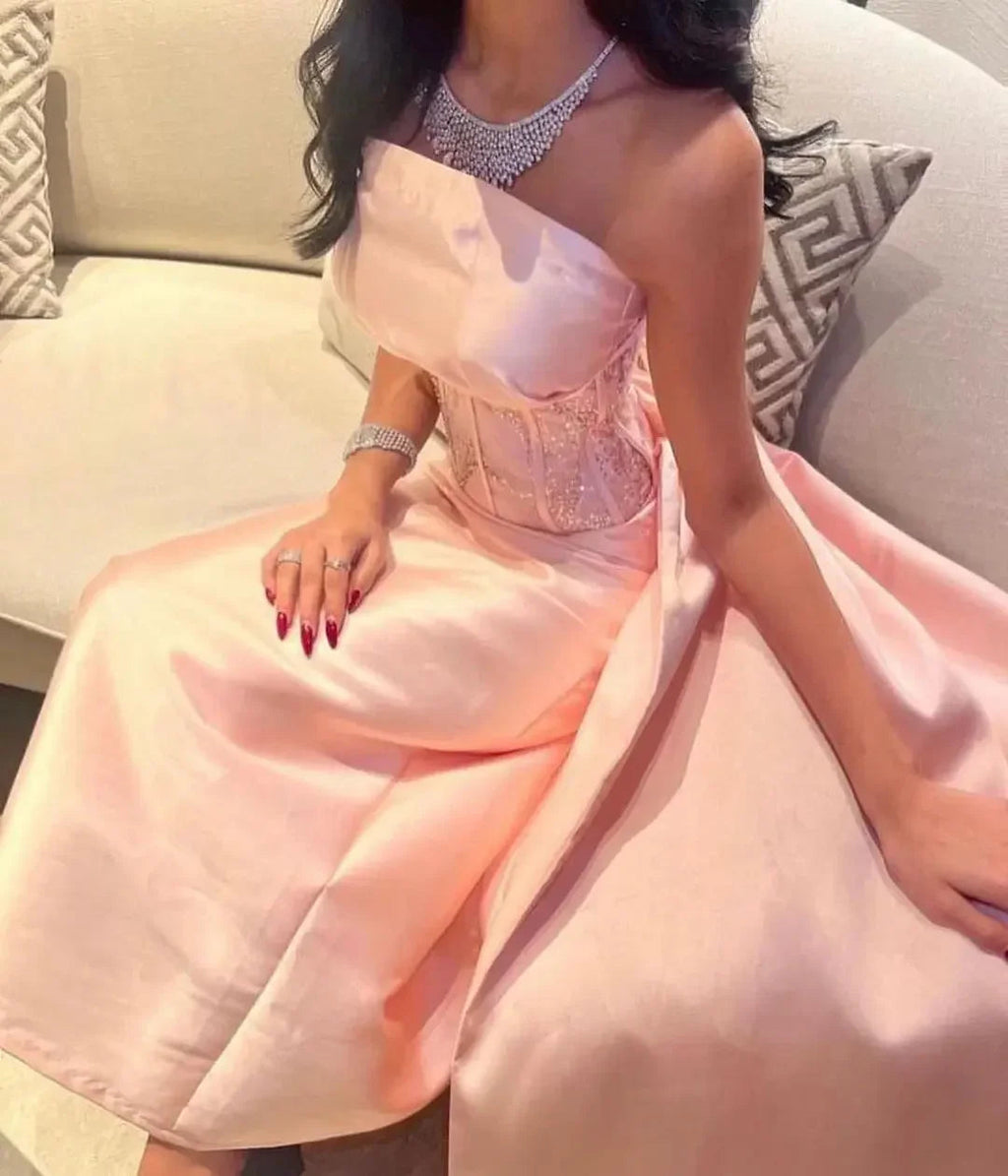 Robe de soirée formelle rose bébé en satin, bustier sans bretelles, corset d'Arabie Saoudite, paillettes scintillantes de Dubaï, robe de fête Y4887