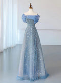 Vestido de Festa Azul em Tule com Lantejoulas, Ombros Descobertos, Pregas, Corte em A Y8041