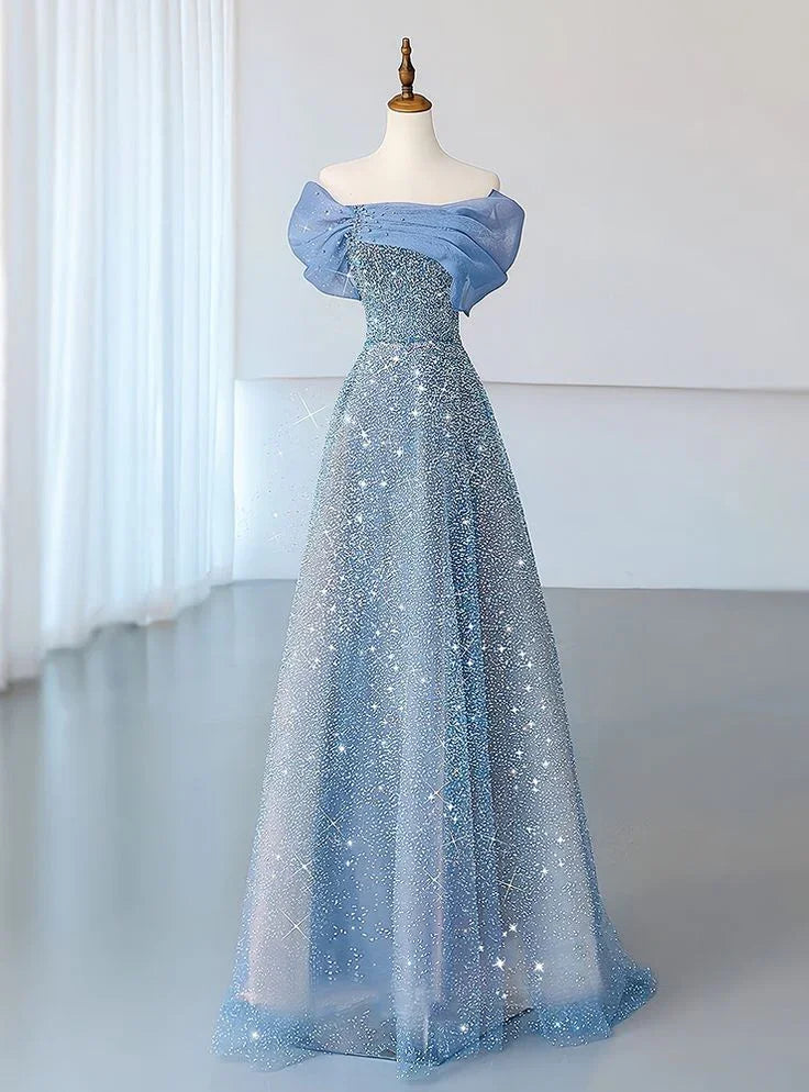 Vestido de Festa Azul em Tule com Lantejoulas, Ombros Descobertos, Pregas, Corte em A Y8041
