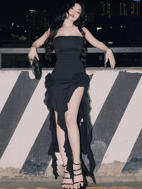Tunica con balze da donna maniche lunghe vestito elegante da sera midi sexy per feste Y1896