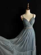 Robe de soirée simple en tulle bleu perlé, coupe évasée, bretelles fines, col en V, robe de bal Y8649